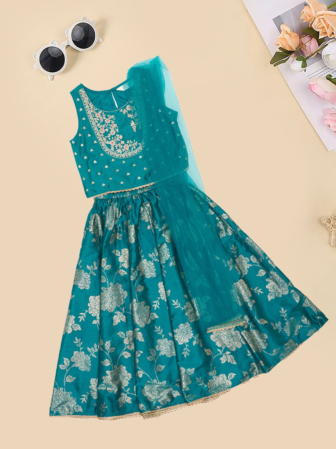 Teal Embroidered Choli Foil Print Ghargra & Dupatta Set