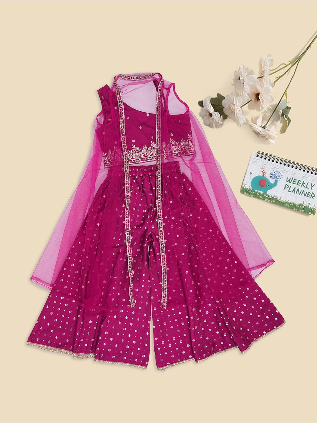 Wine Embroidered Top Panelled Palazzos & Sheer Overlay Set