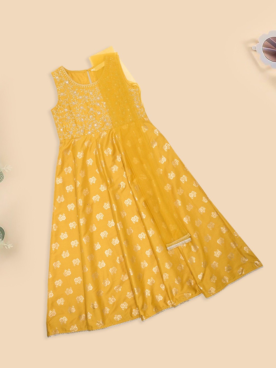 Yellow Embroidered Kurta with Foil Print & Sheer Dupatta Set