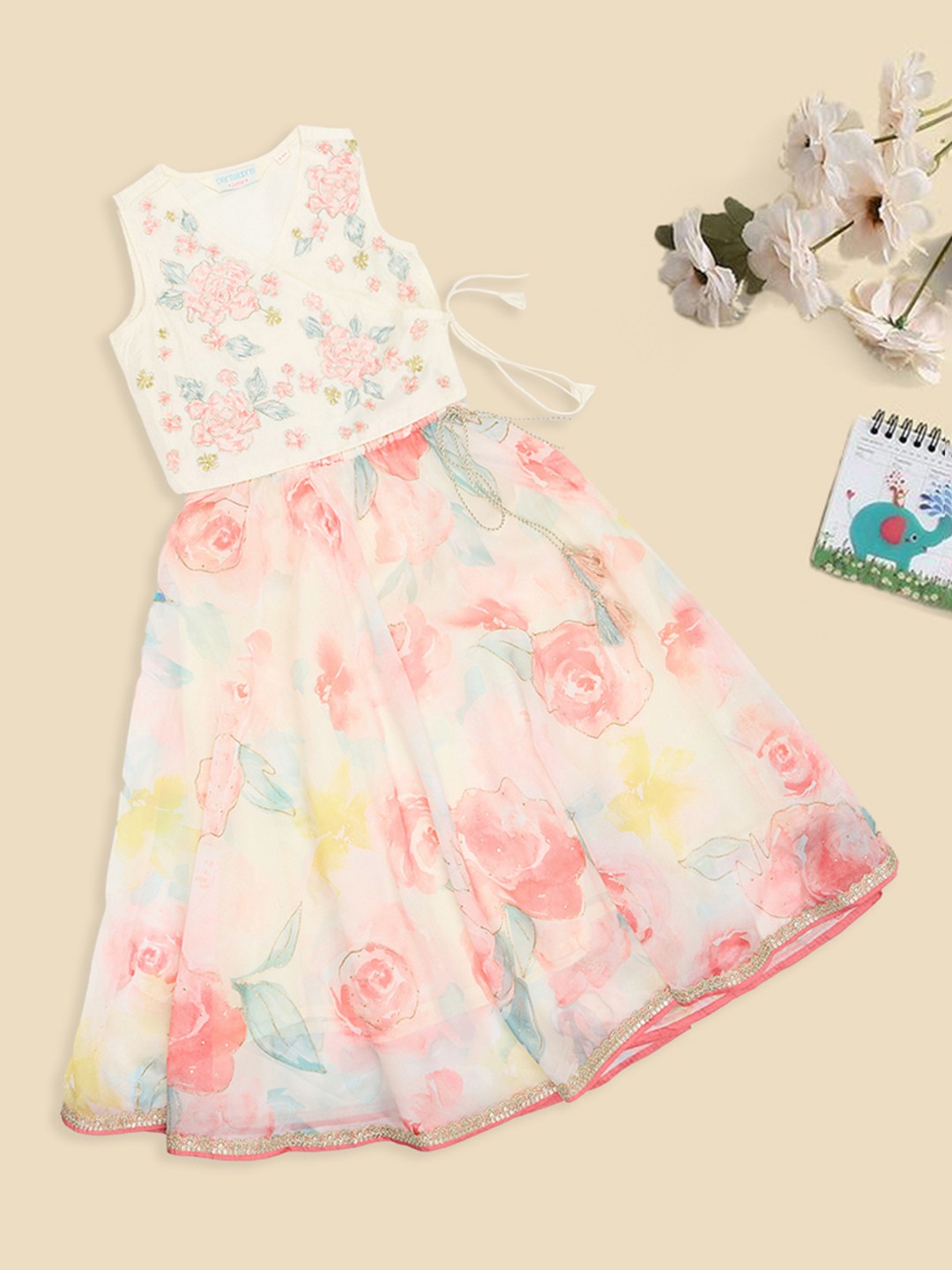 Cream Floral Embroidered Choli & Rose Print Ghargra Set