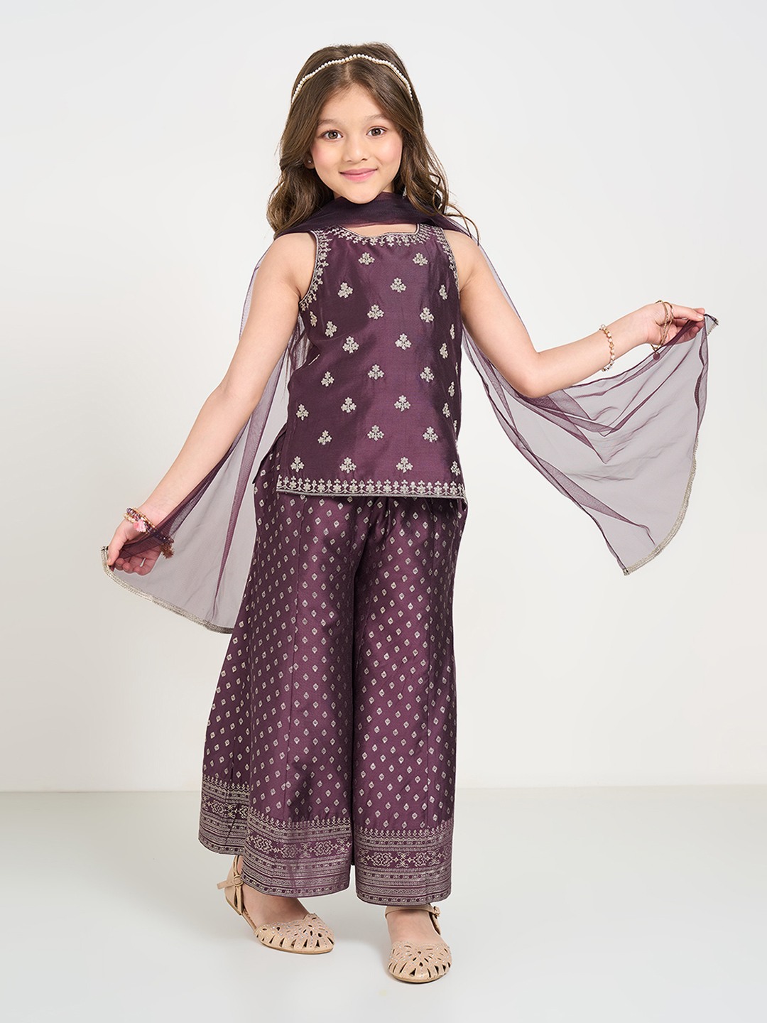 Purple Embroidered Kurta Foil Print Palazzos & Sheer Dupatta Festive Set