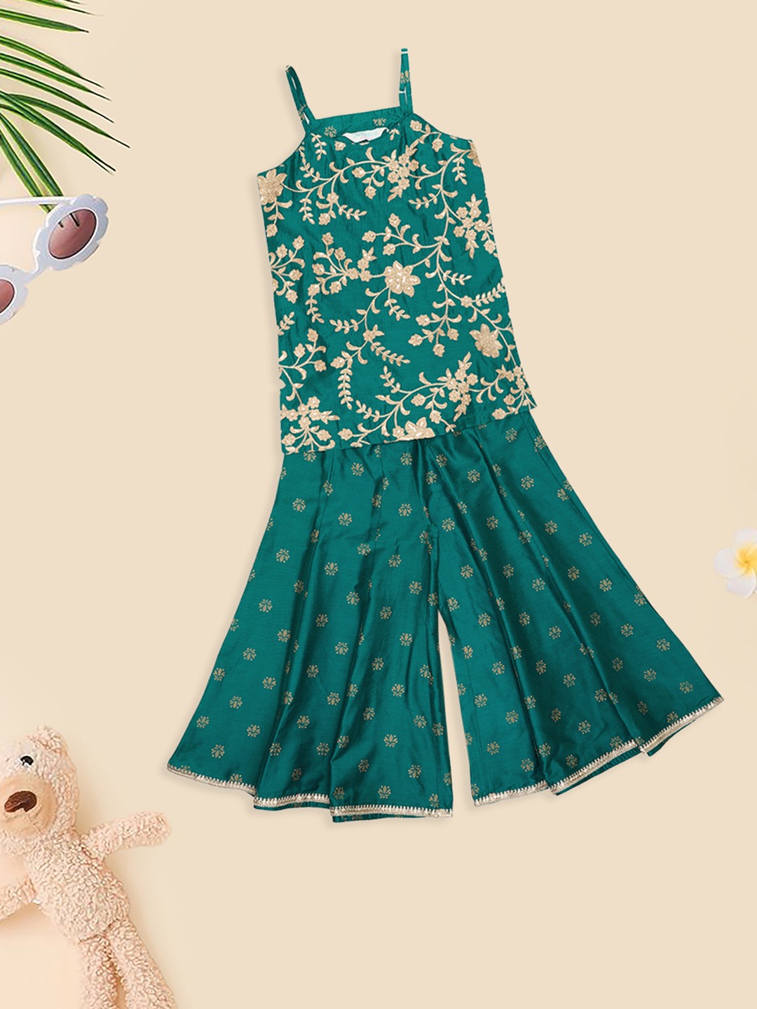 Teal Embroidered Strappy Kurta & Panelled Palazzo Set
