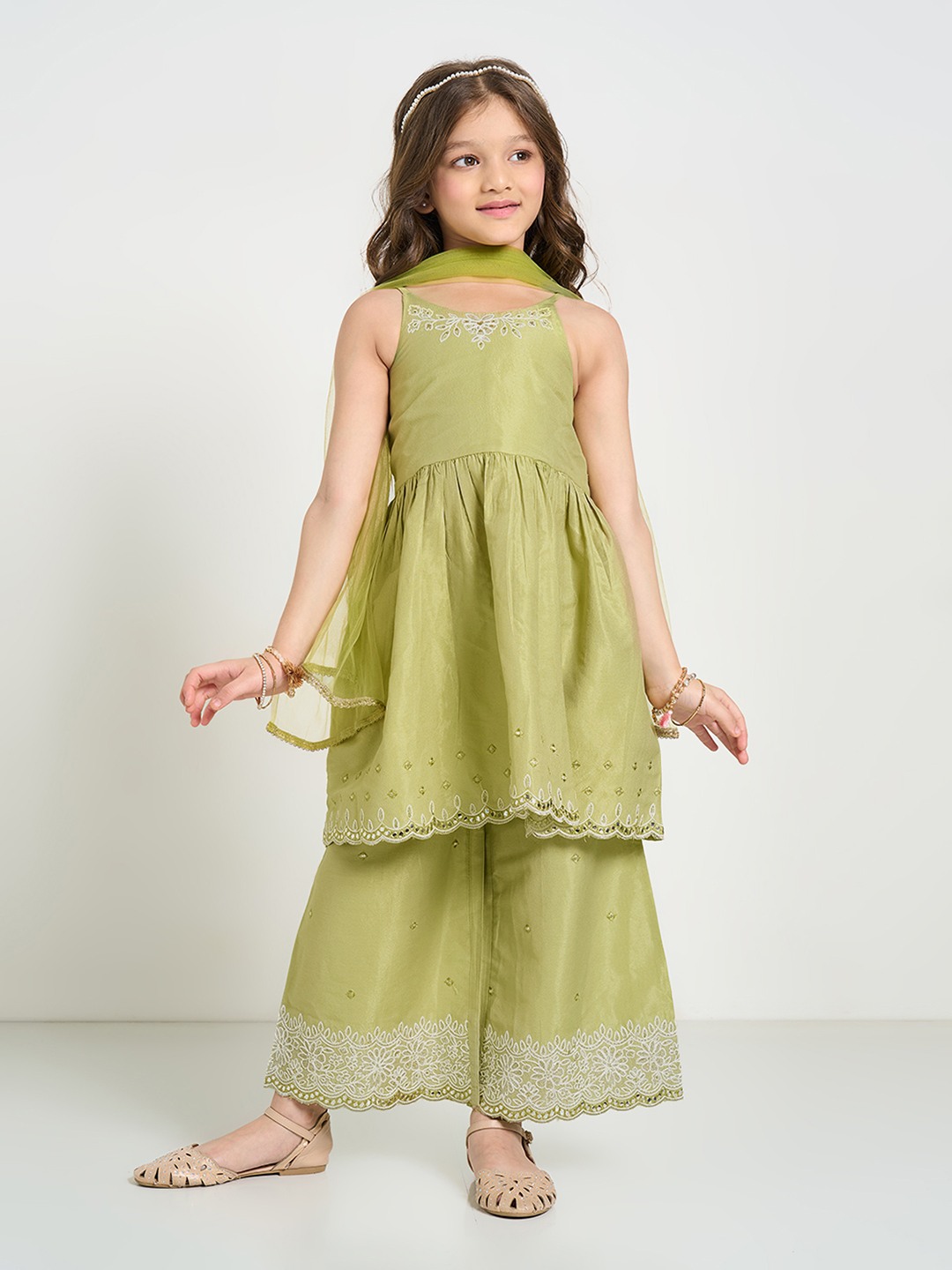 Olive Embroidered Kurta Pants and Dupatta Set