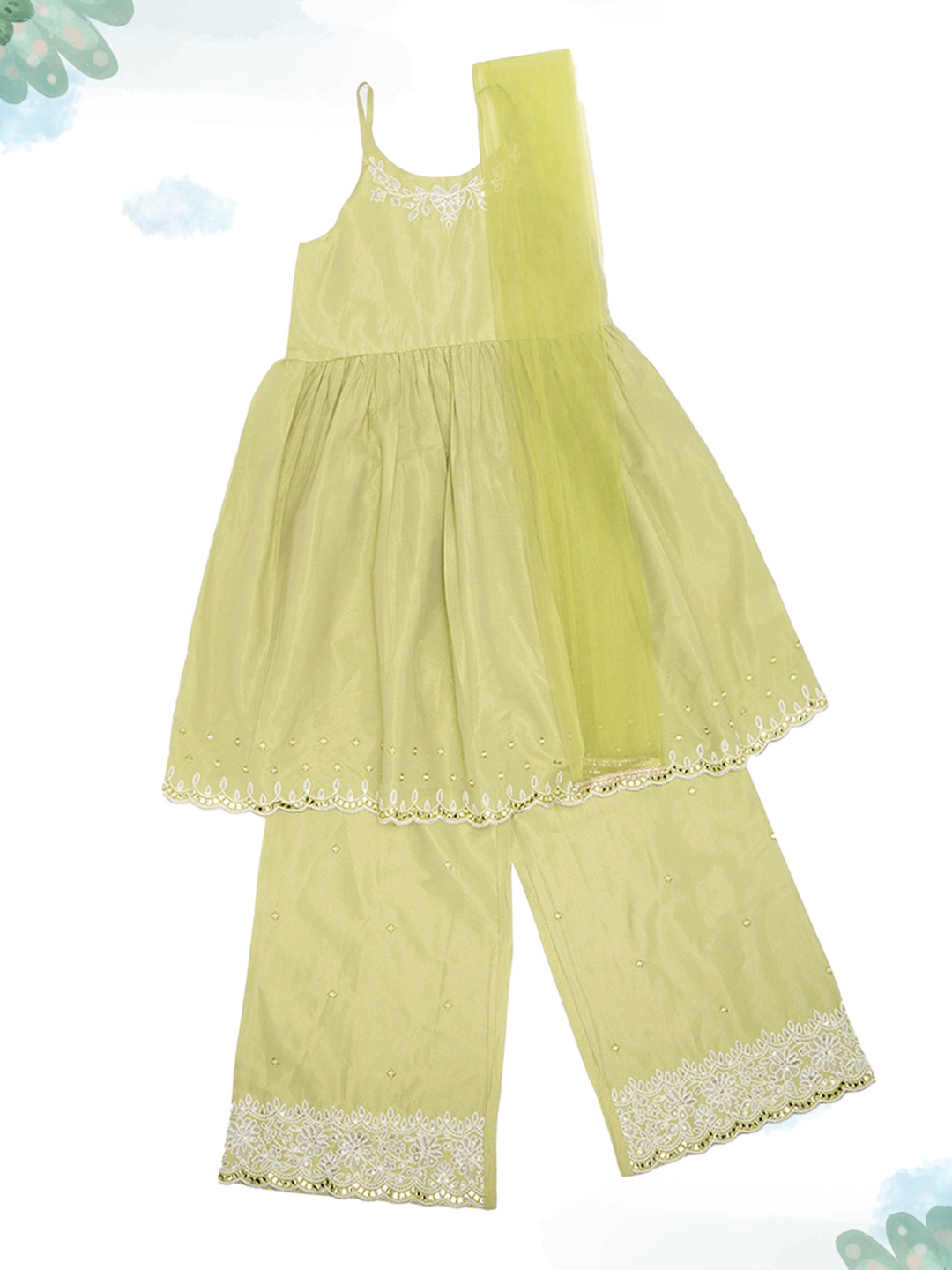 Olive Embroidered Kurta Flared Pants & Sheer Dupatta Set