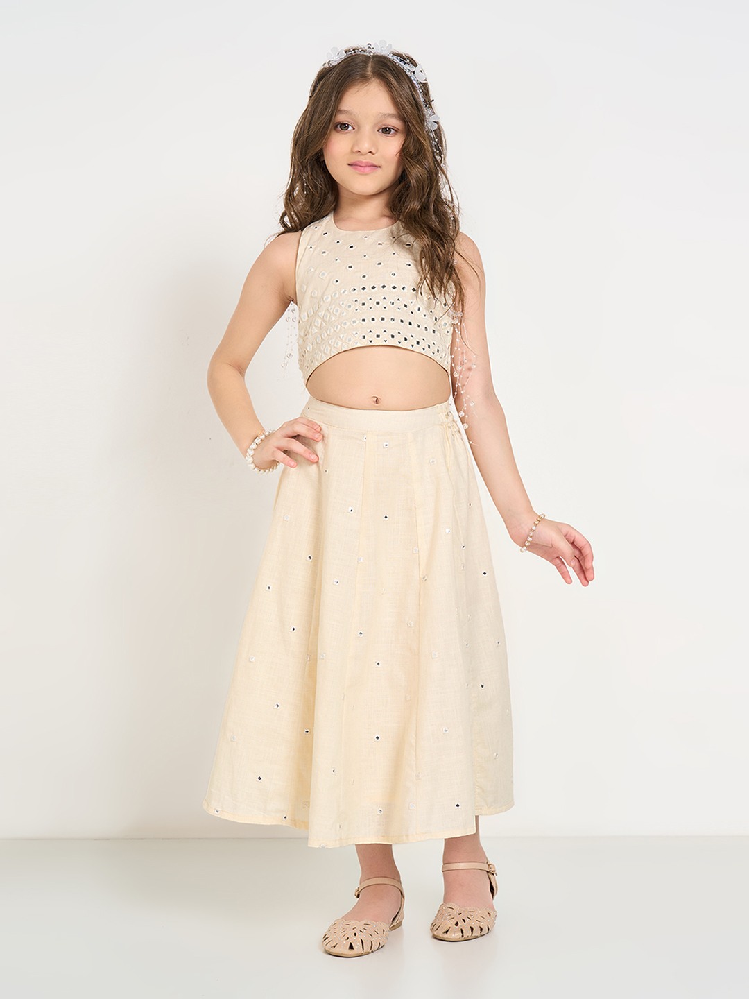 Cream Mirror Work Halter Choli & Ghargra Set