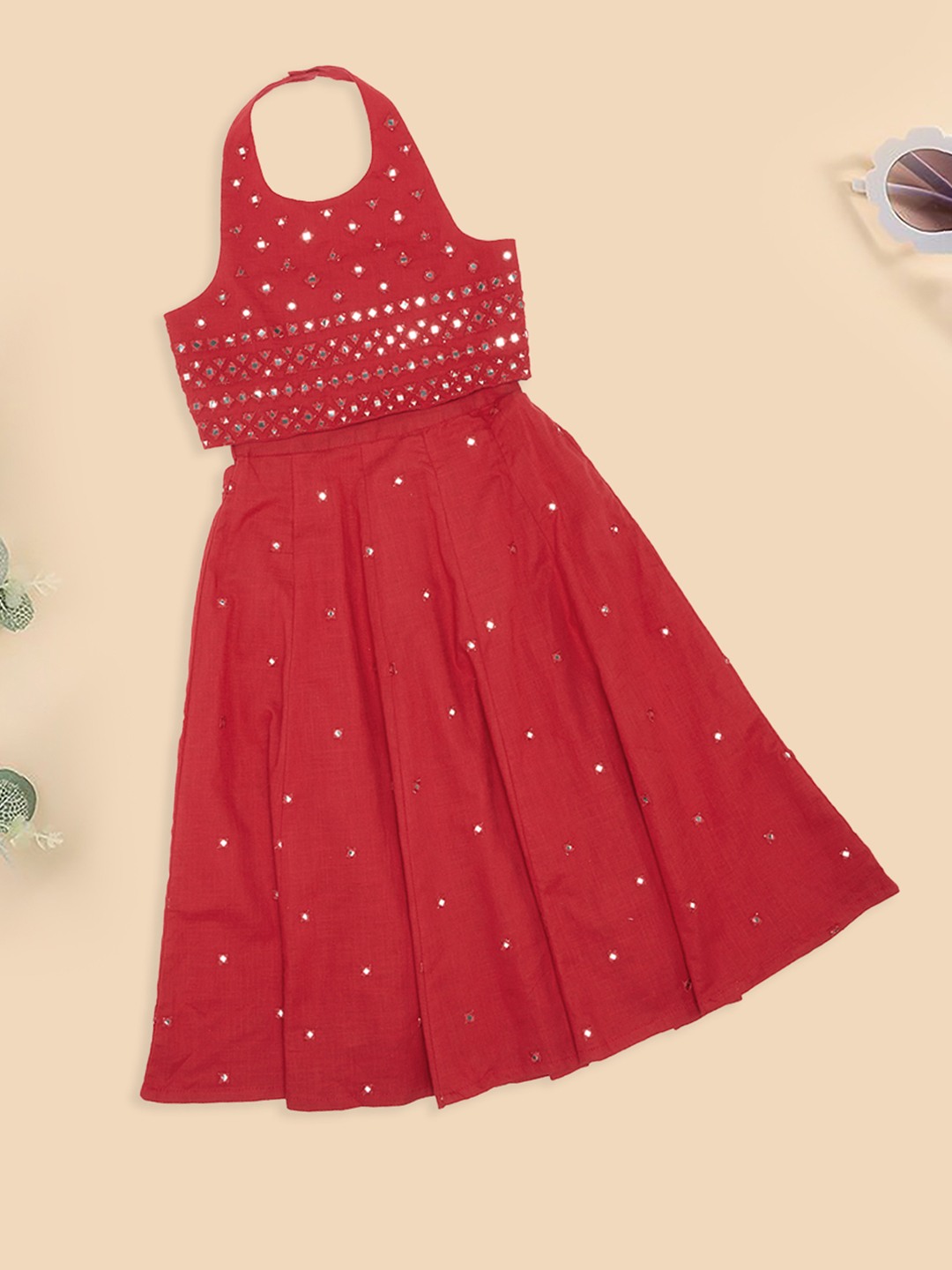 Red Mirror Work Halter Choli & Ghargra Set