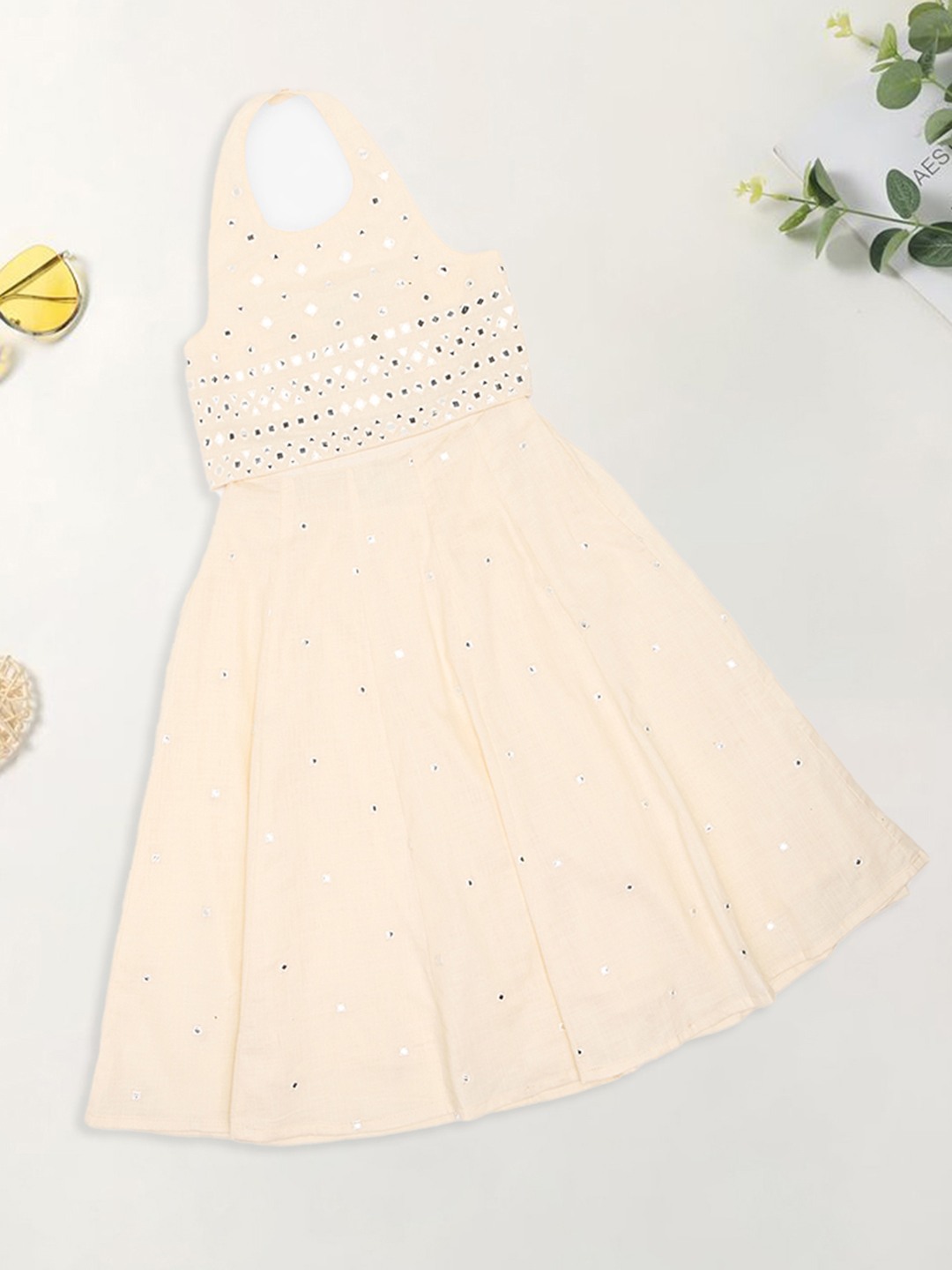 Cream Mirror Work Halter Choli & Ghargra Set