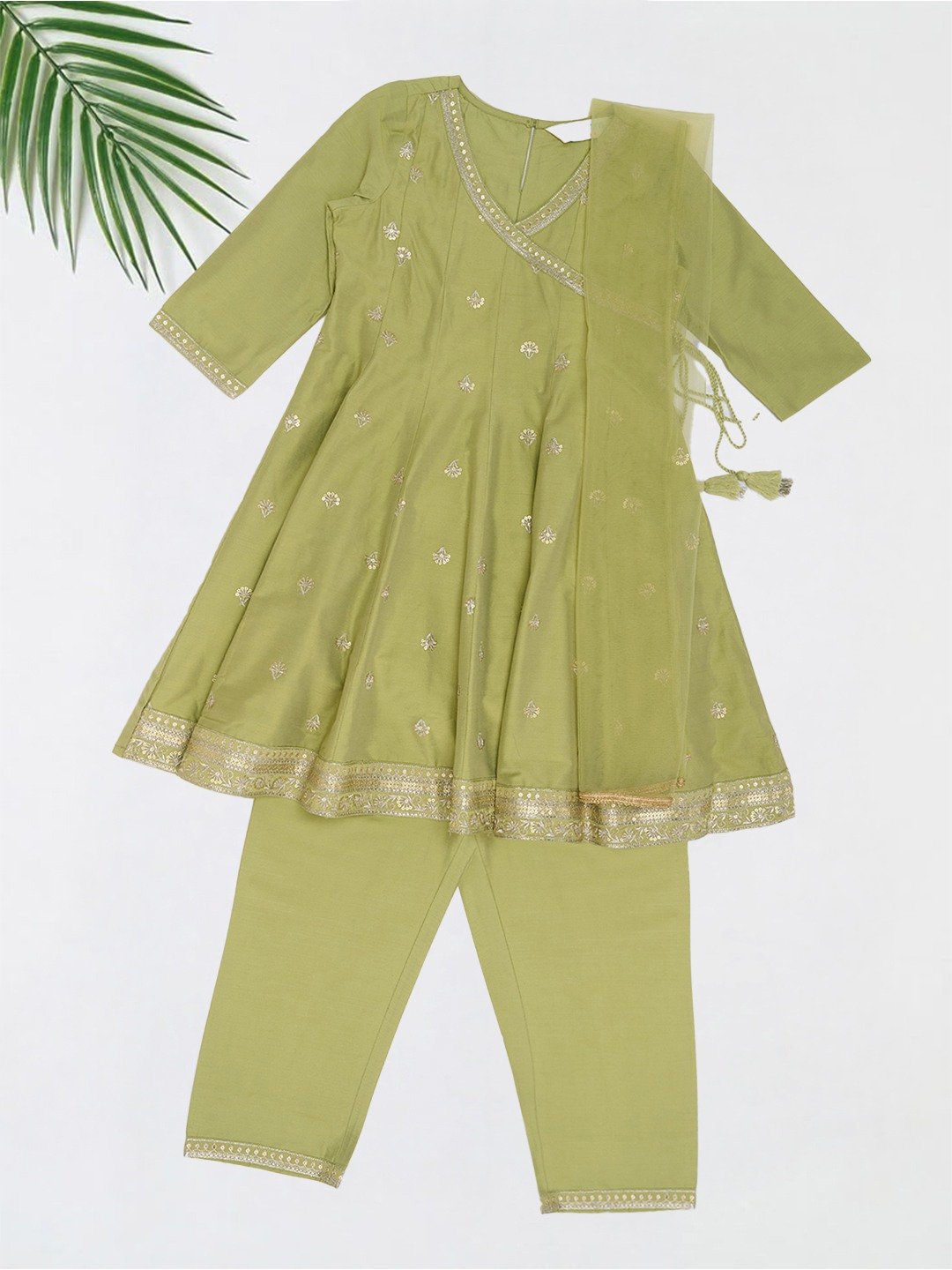 Green Embroidered Panelled Kurta Slim Fit Pants & Sheer Dupatta Set