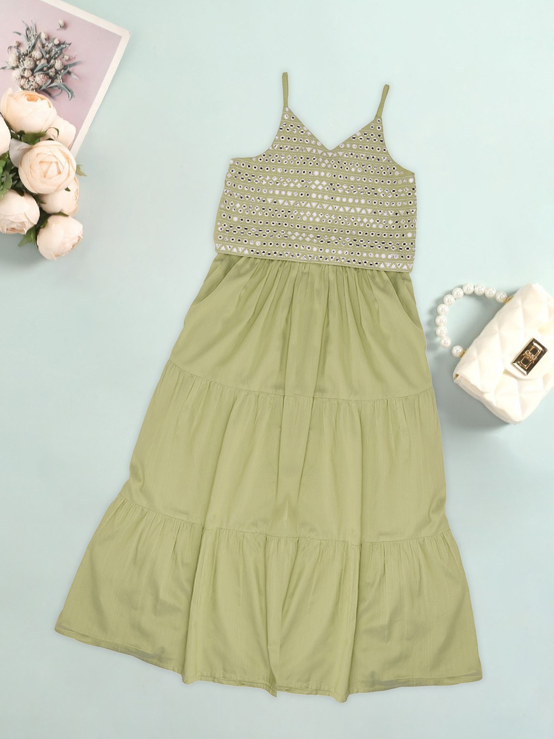 Light Green Mirror Work Choli & Tiered Ghargra Set