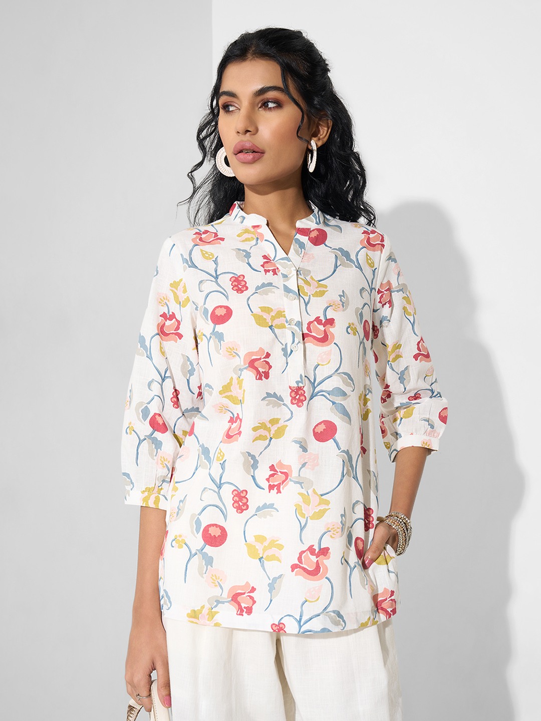 White Botanical Print Split-Neck Tunic