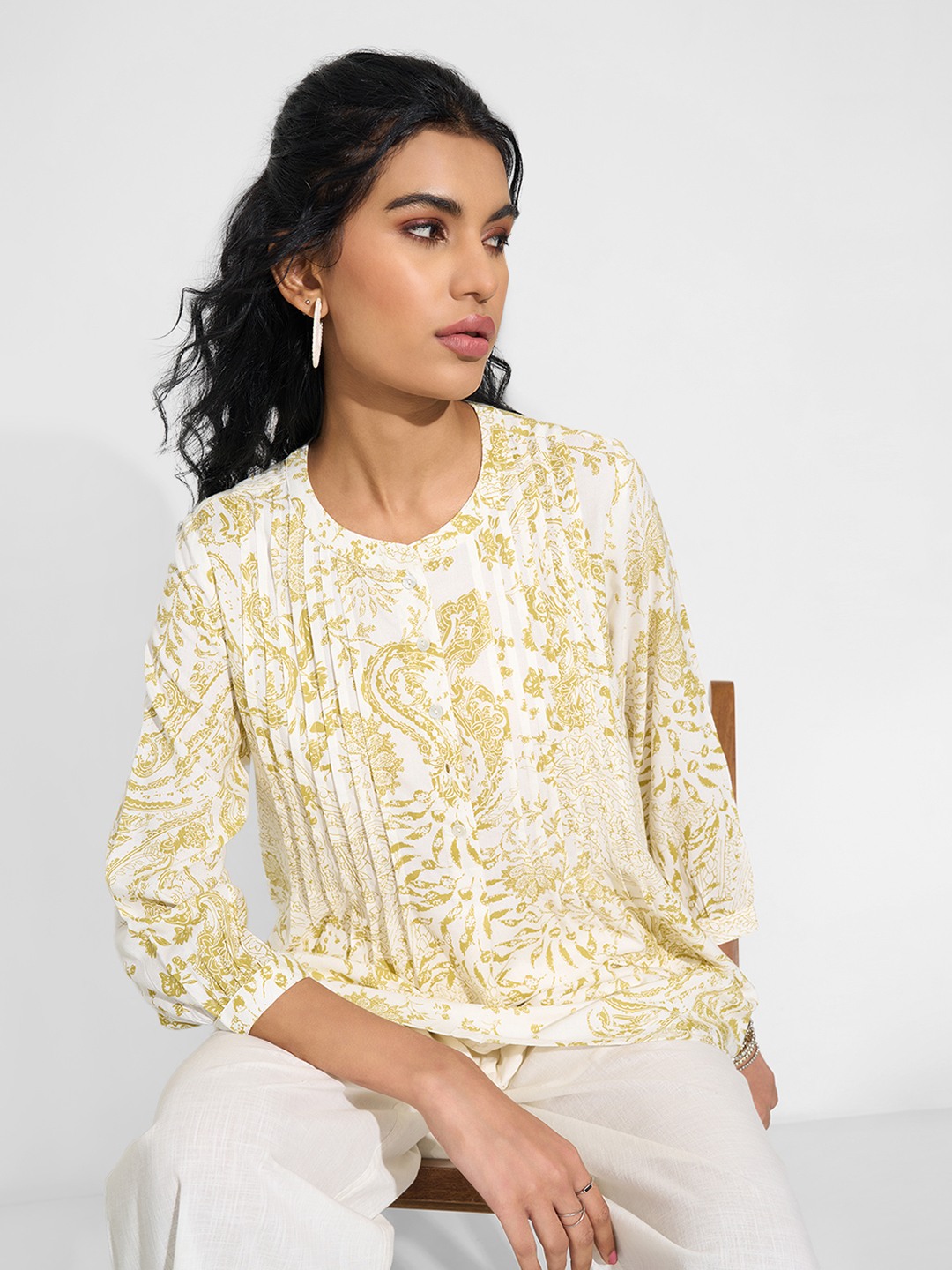 Yellow Paisley Print Pintuck Tunic with Mandarin Collar