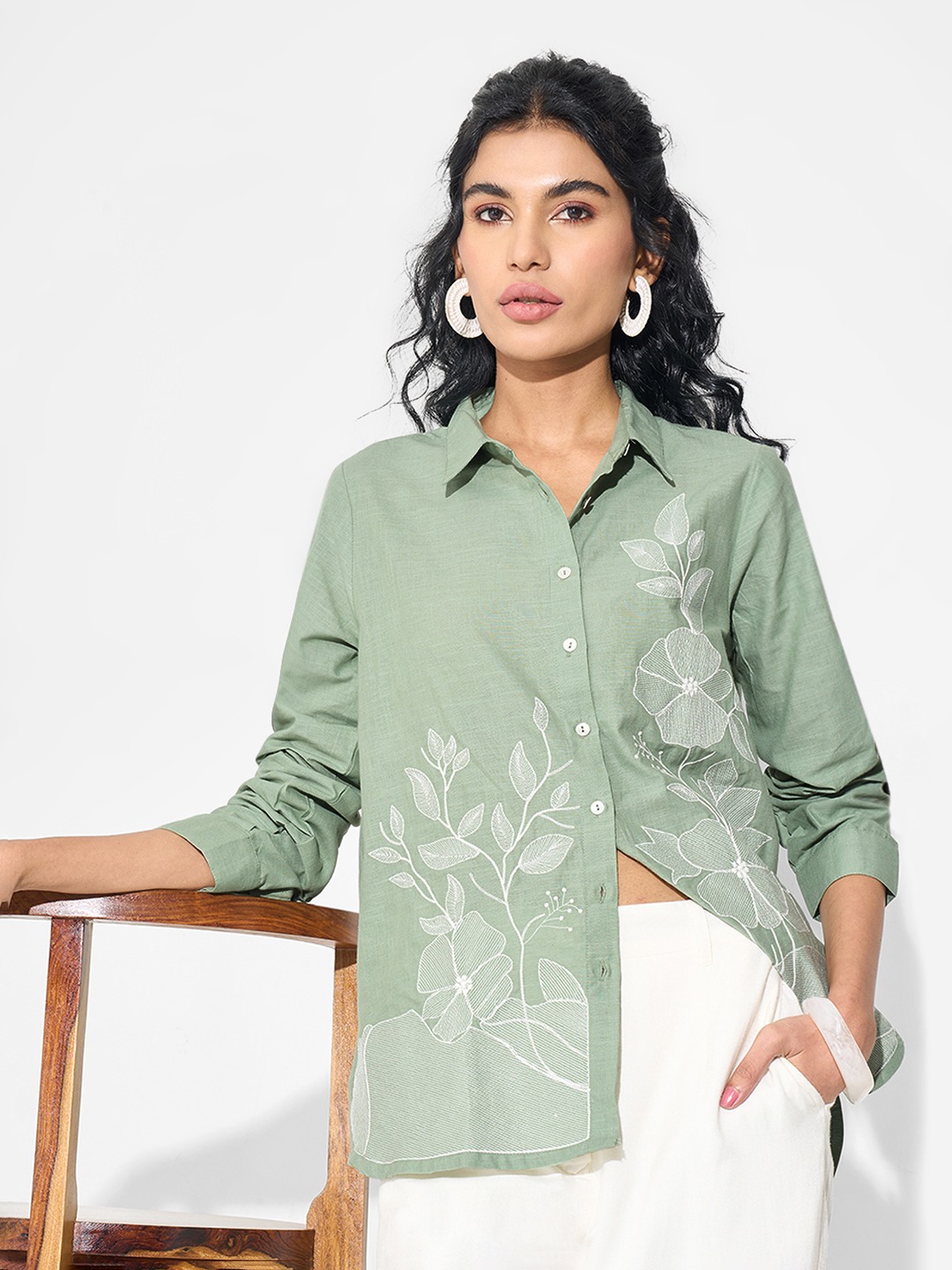 Sage Floral Embroidered Shirt Tunic