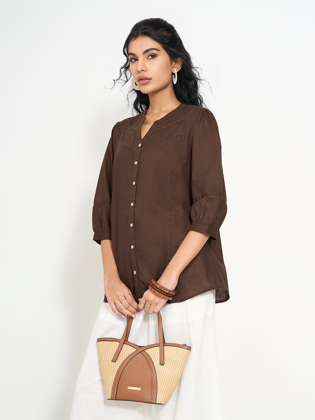 Brown Pintuck & Lace Detail Tunic