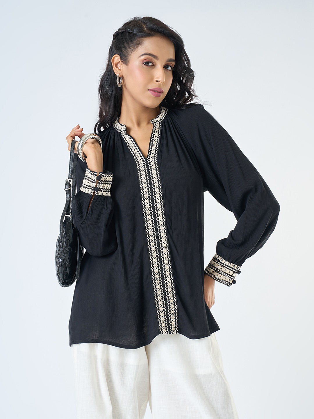 Black Crush Embroidered Placket Tunic