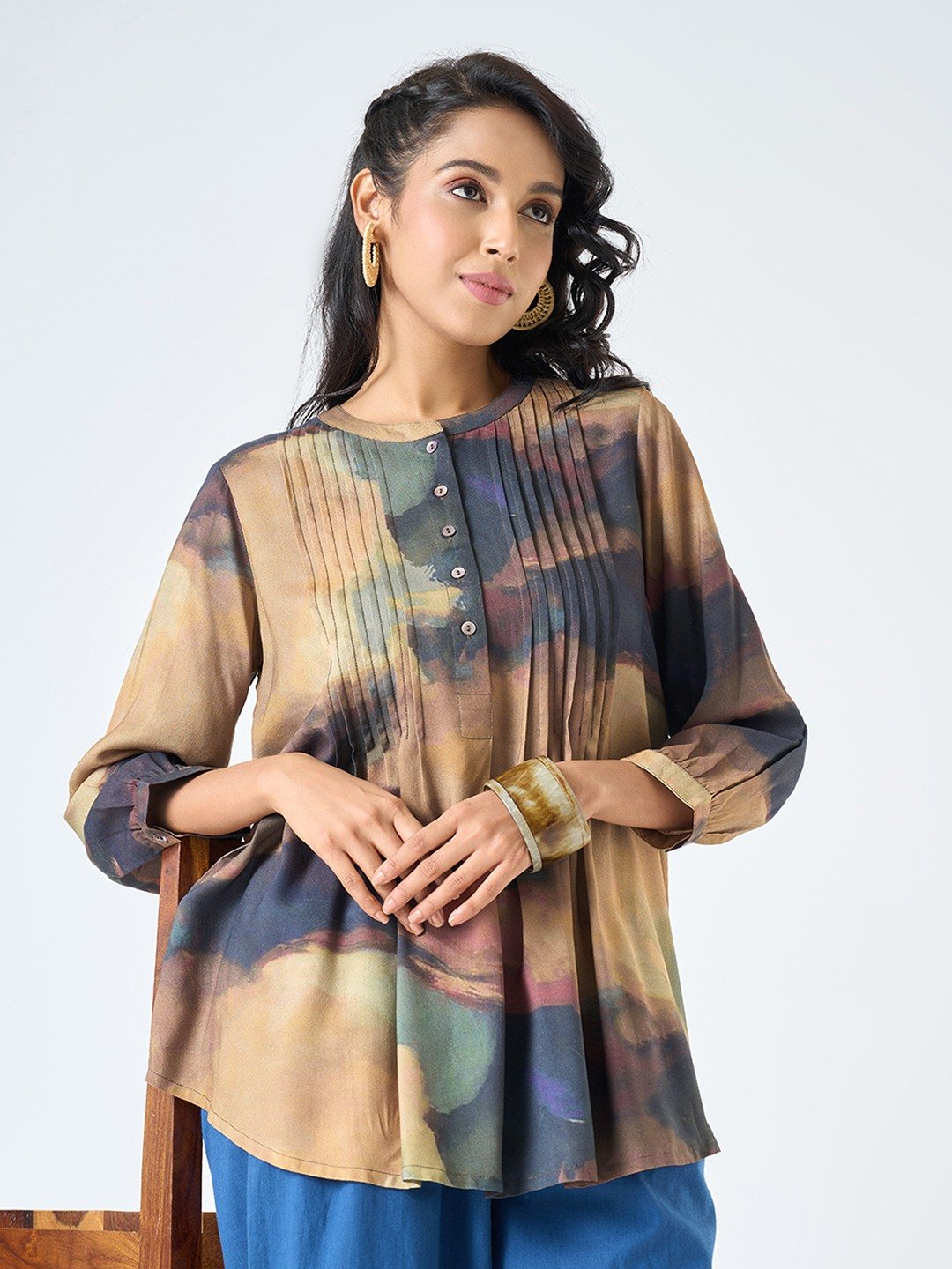 Ochre Abstract Print Pleated Tunic