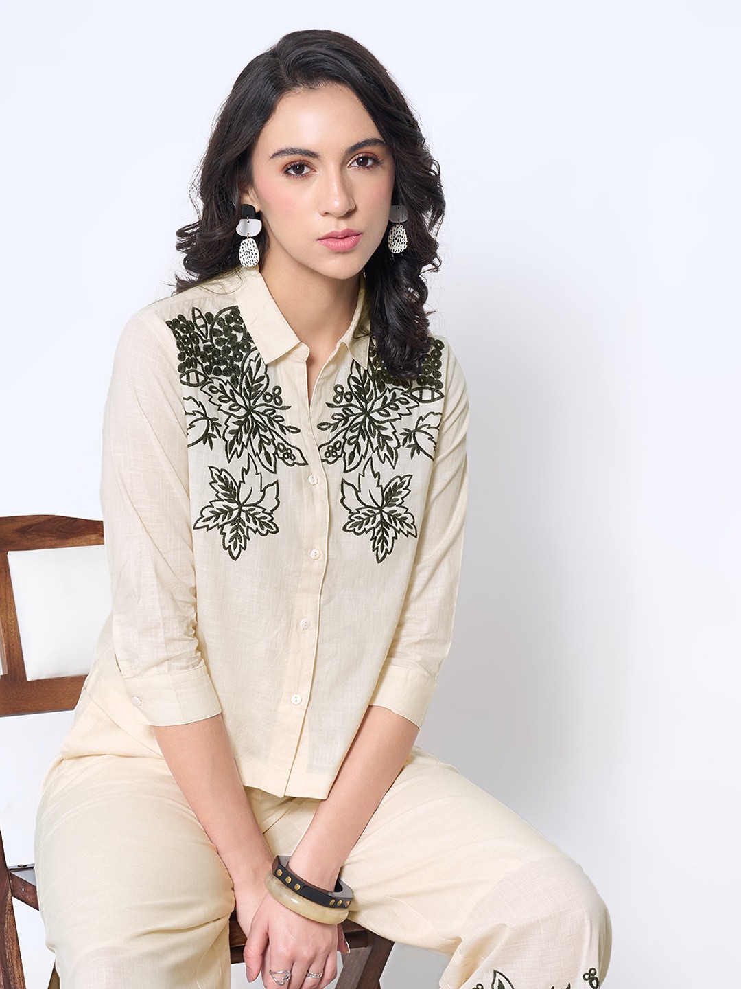 Cream Embroidered Relaxed Shirt