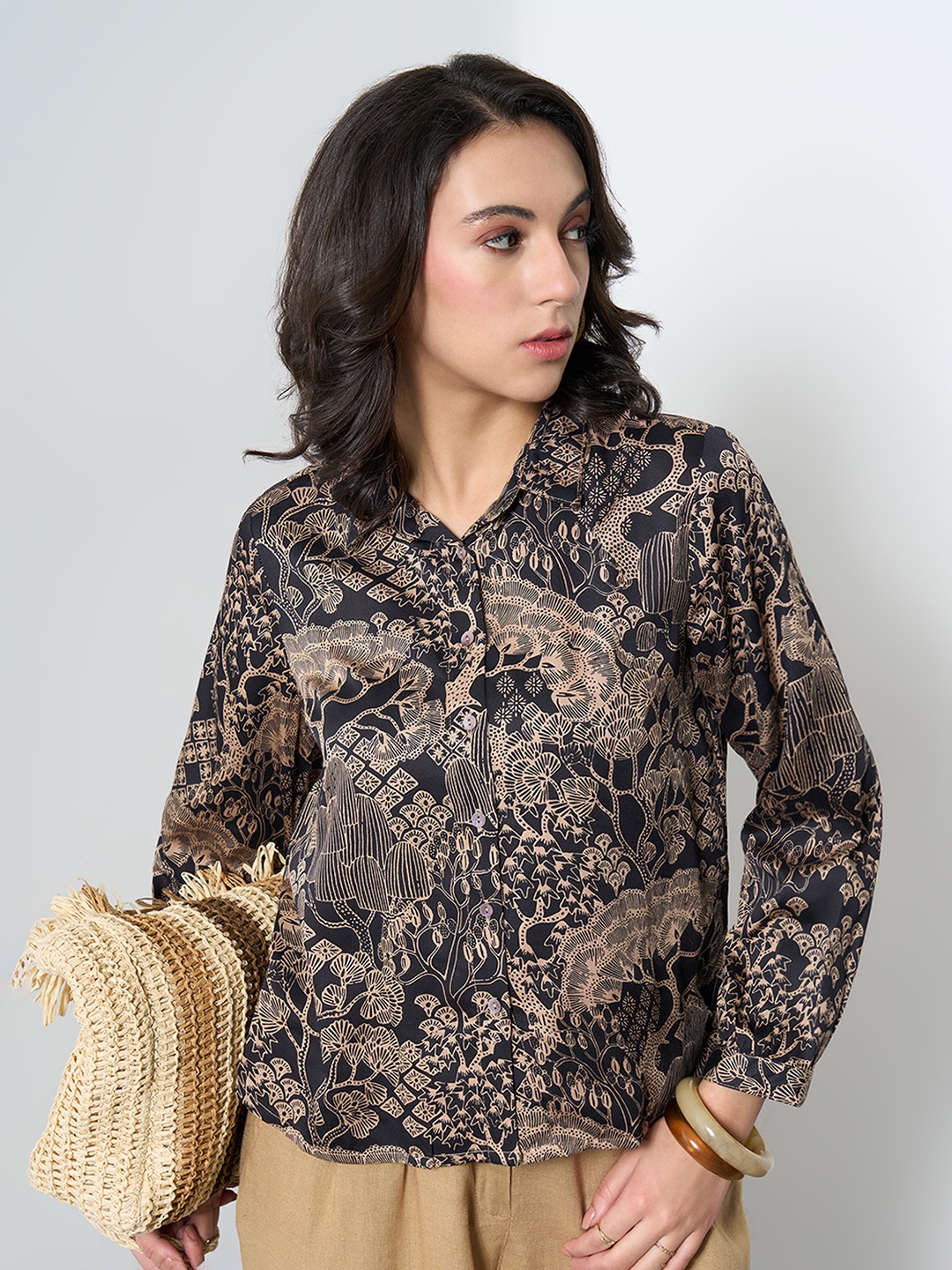Black Oriental Print High-Low Shirt