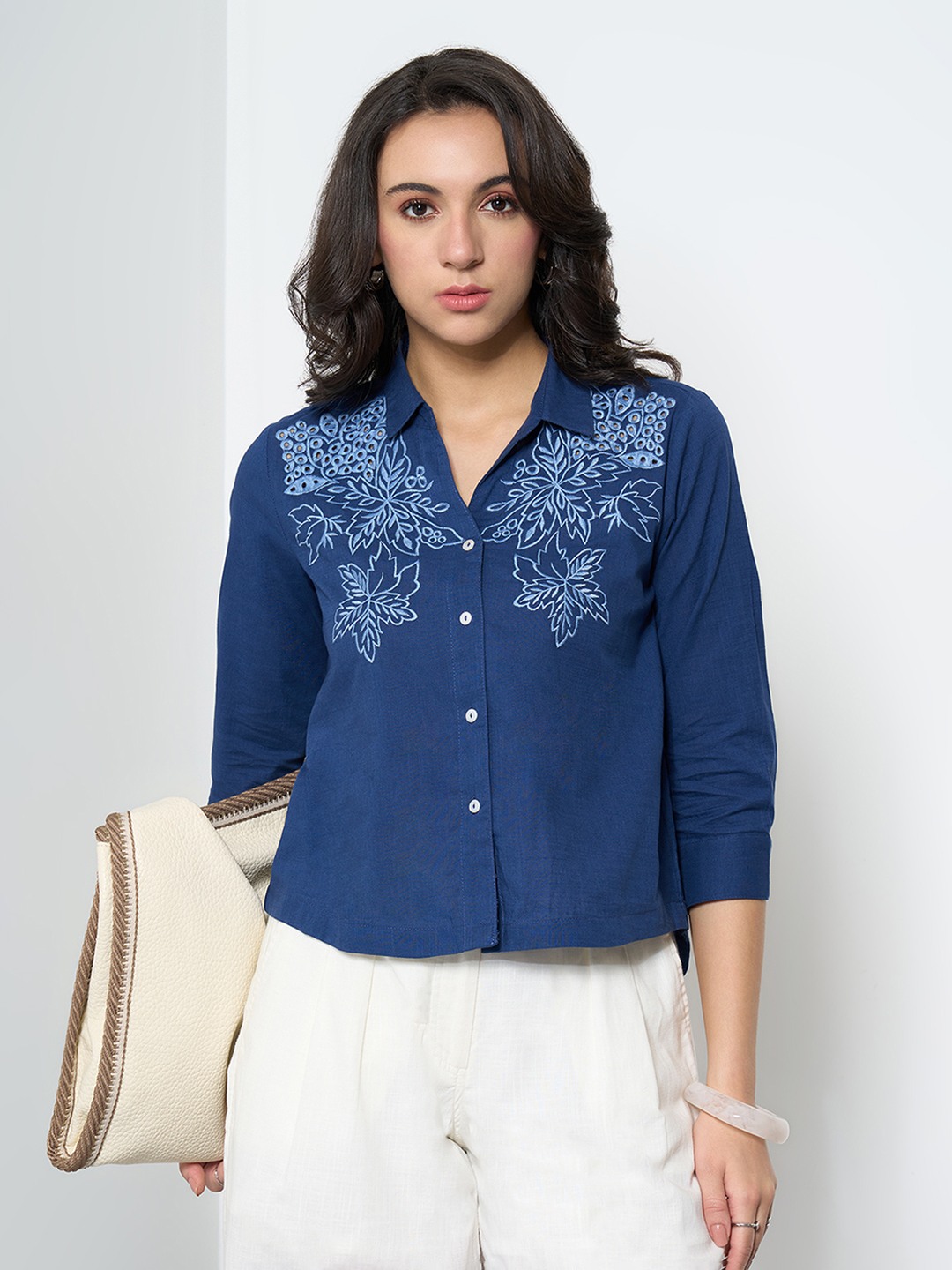 Indigo Floral Embroidered High-Low Shirt