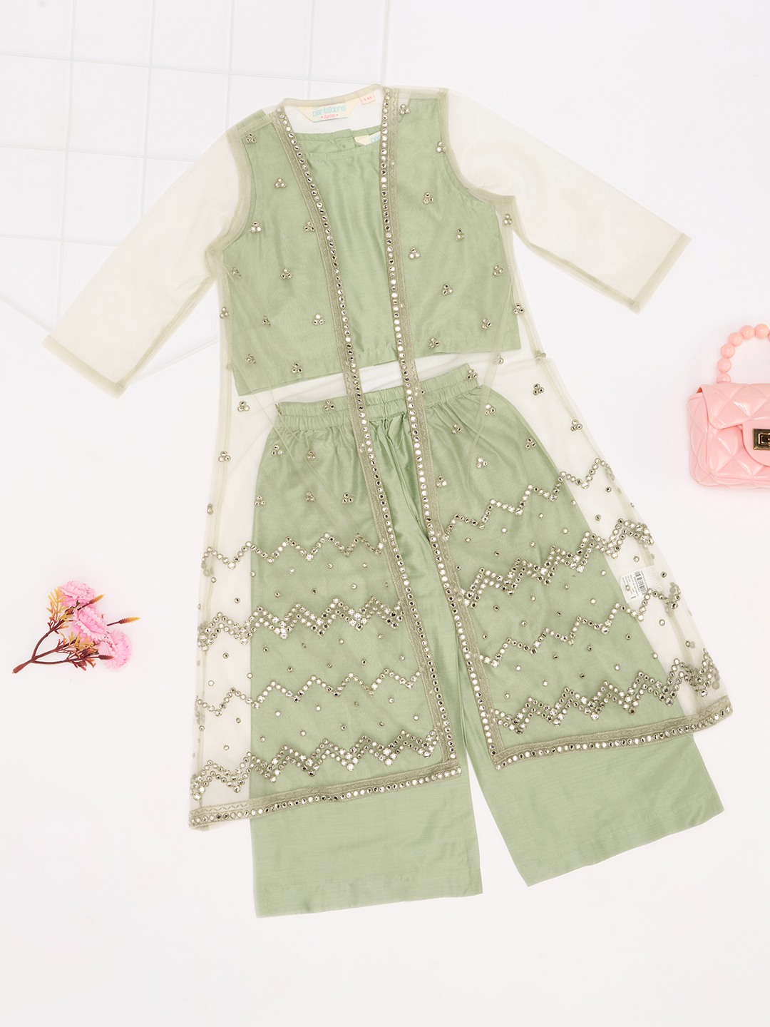 Green Embroidered Viscose Rayon Round Neck Girls Regular Fit Co-ord-Set