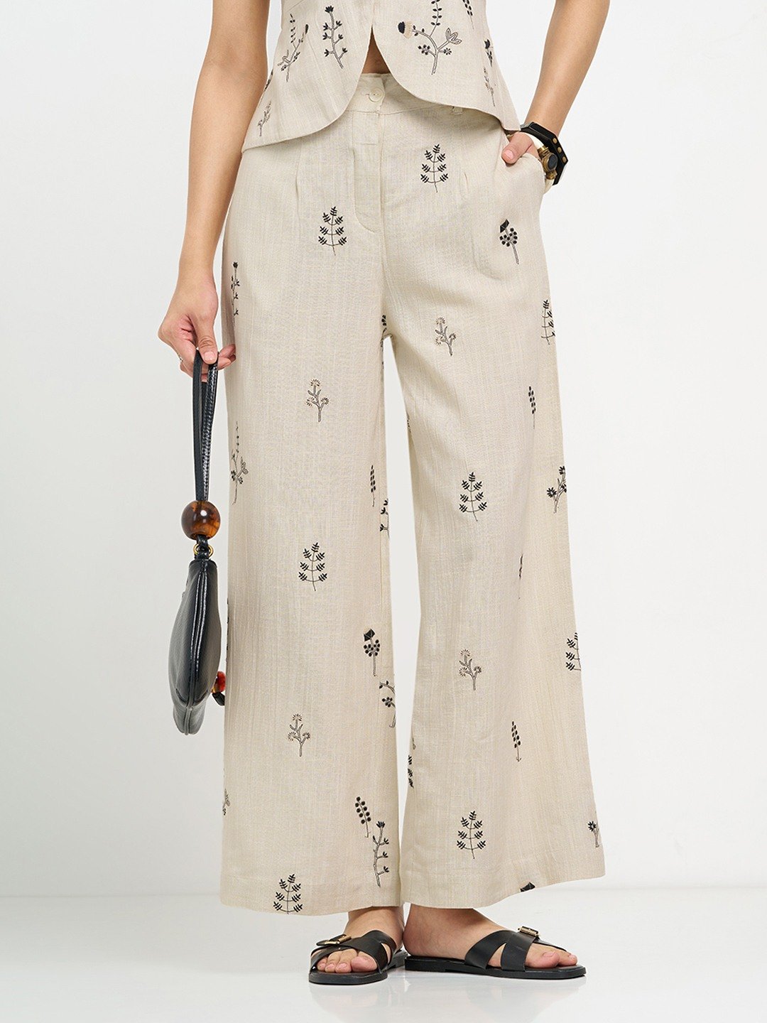 Cream Botanical Motif Embroidered Straight-Leg Trousers