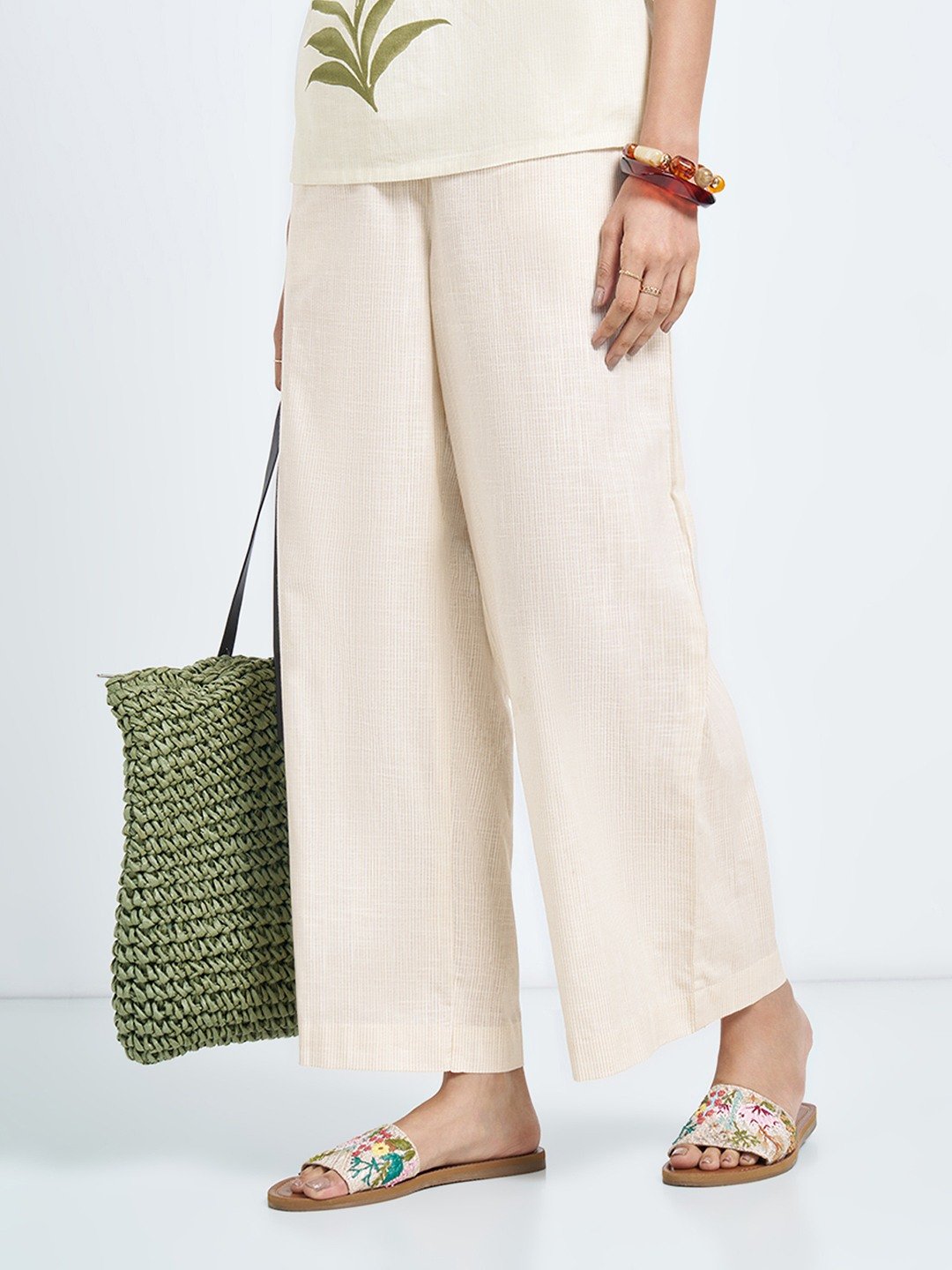 Ecru Striped Wide-Leg Trousers