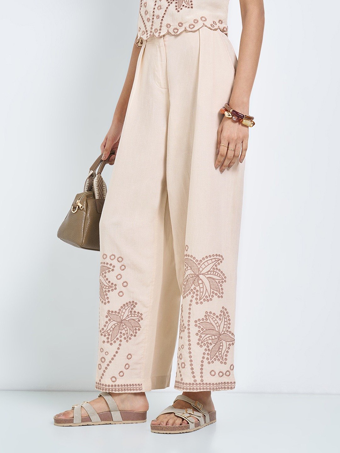 Ecru Palm Embroidered Box-Pleat Wide-Leg Trousers