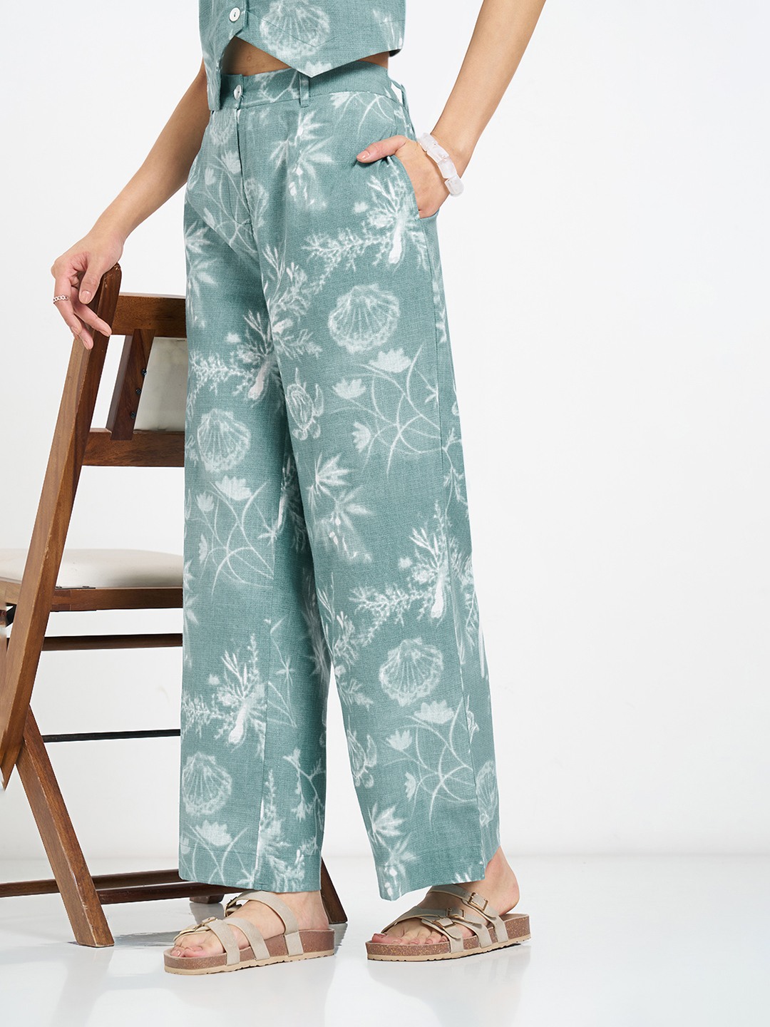 Turquoise Abstract Botanical Print Trousers