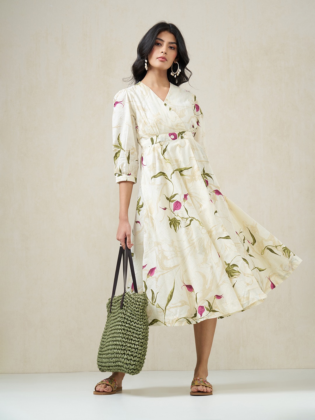 Ivory Floral Print Midi Wrap Dress