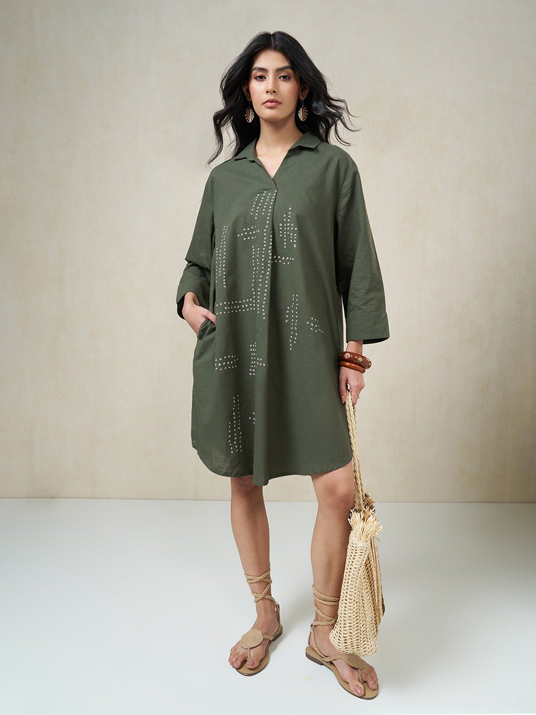 Olive Geometric Placement Print Oversized Shirt Dress