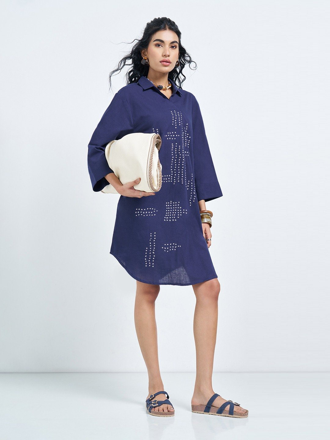 Blue Geometric Placement Print Oversized Shirt Dress