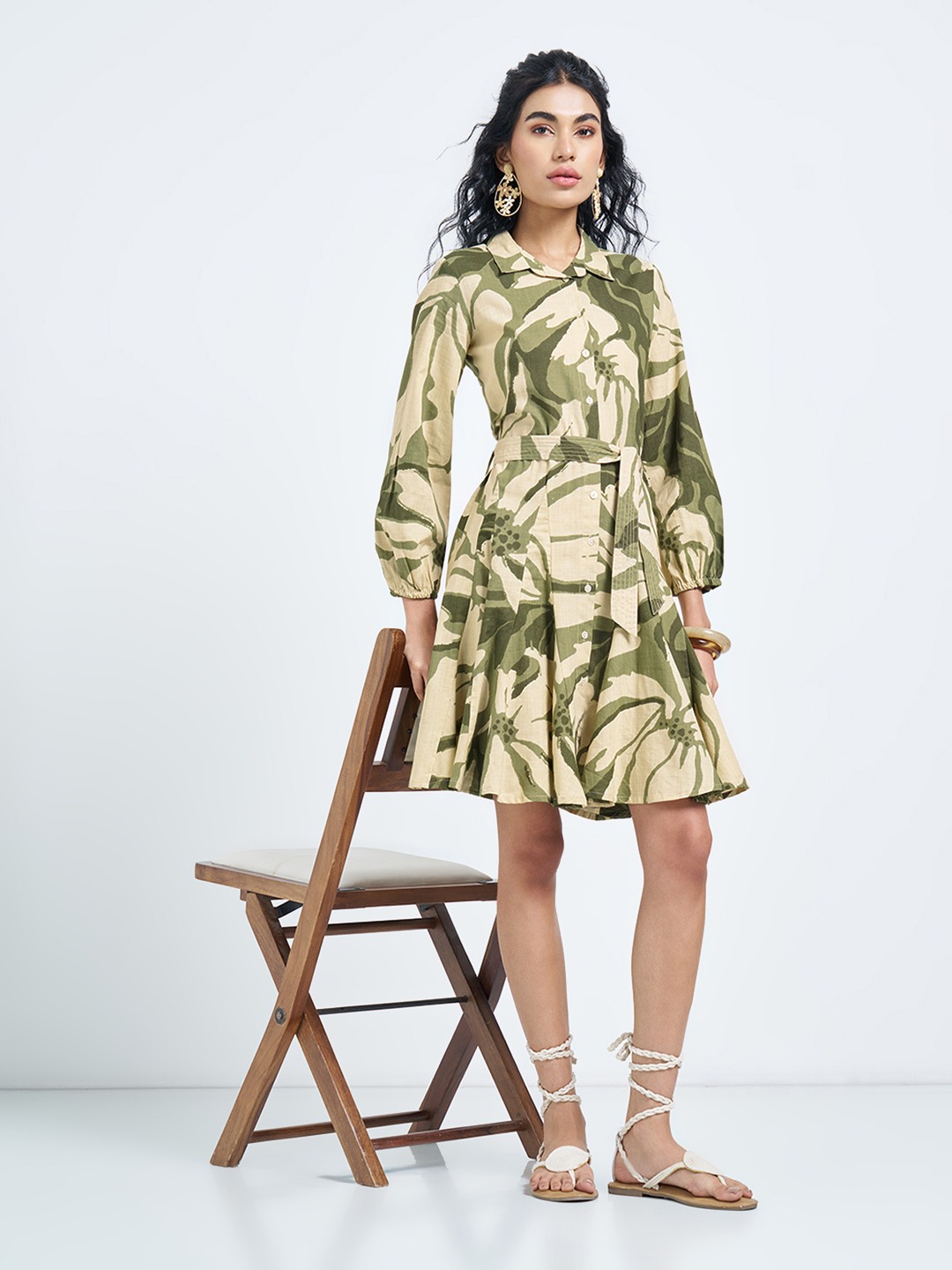Olive Abstract Botanical Print Shirt Dress