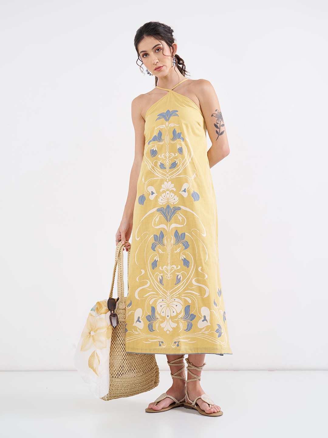 Yellow Ornamental Print Halter Dress