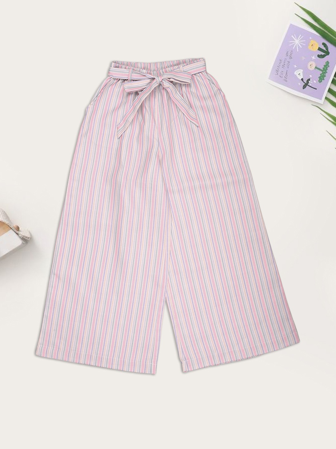 Pink Pastel Striped Tie-Up Palazzos