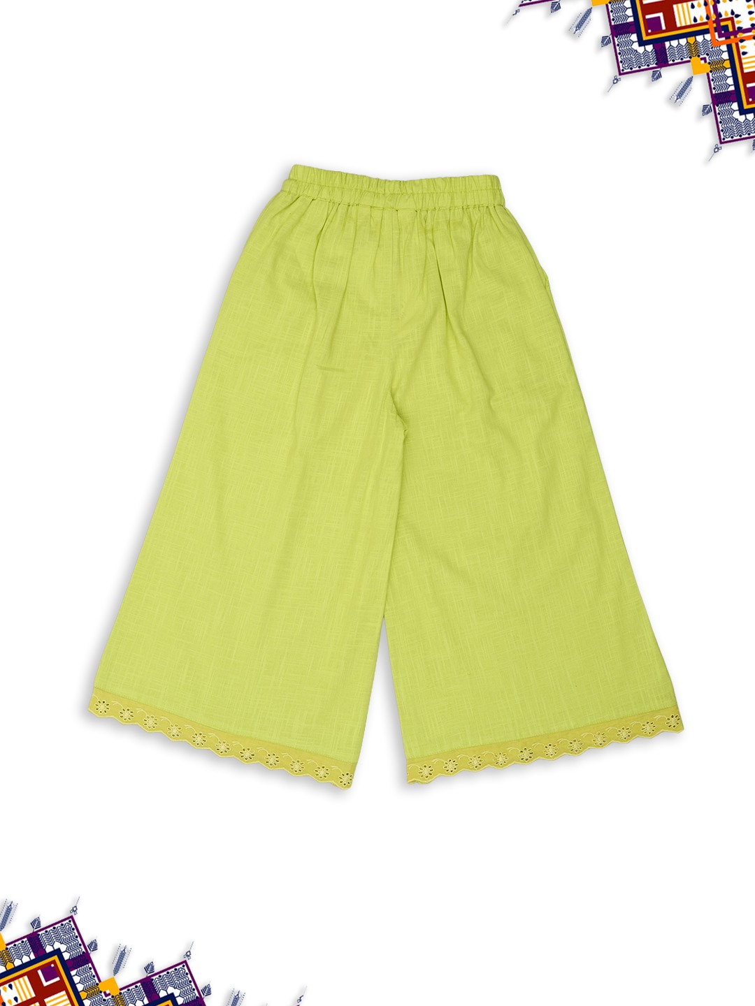 Lime Wide Leg Pants with Schiffli Hem Detail