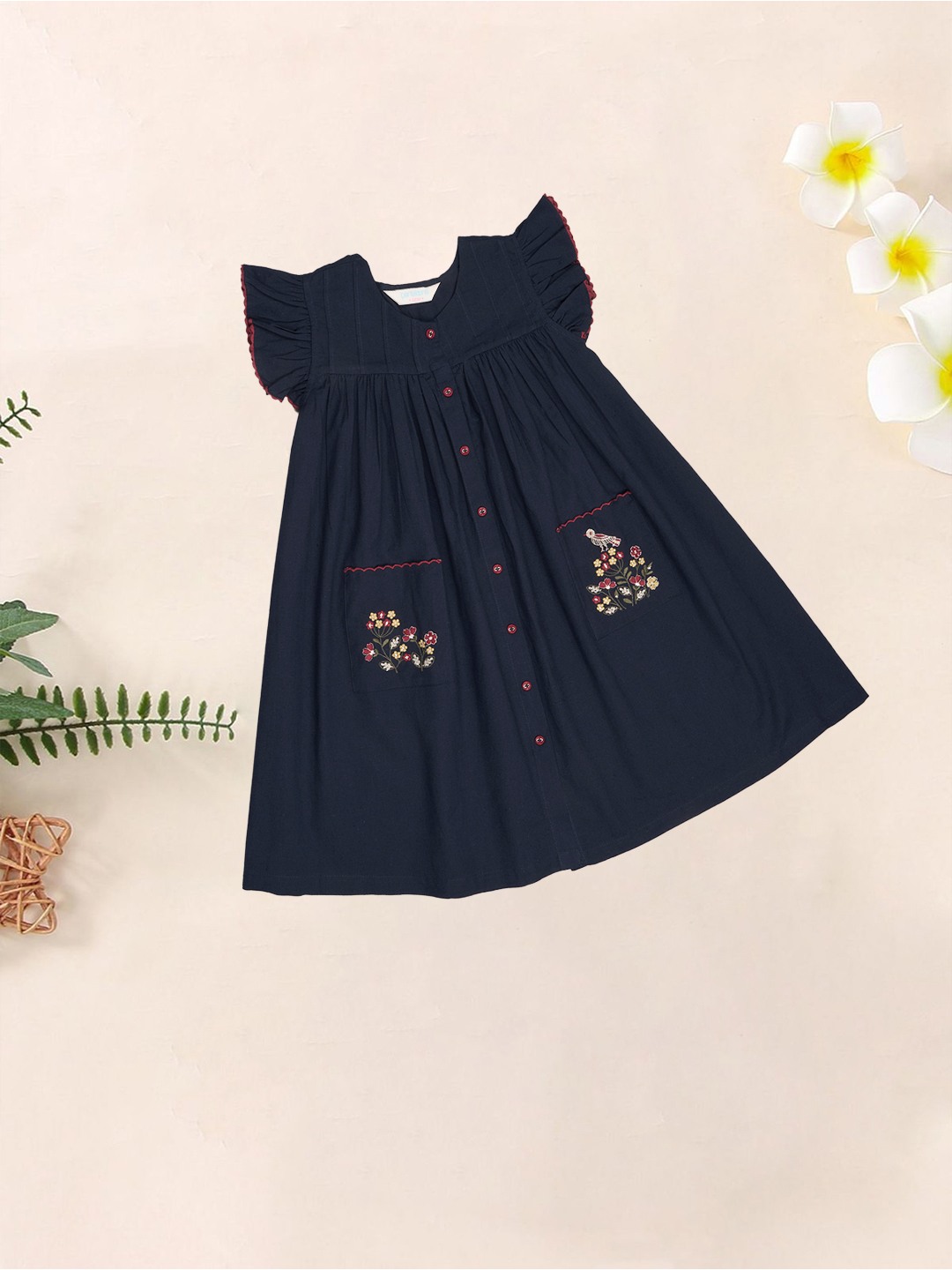 Indigo Floral Embroidered Pocket Detail Dress
