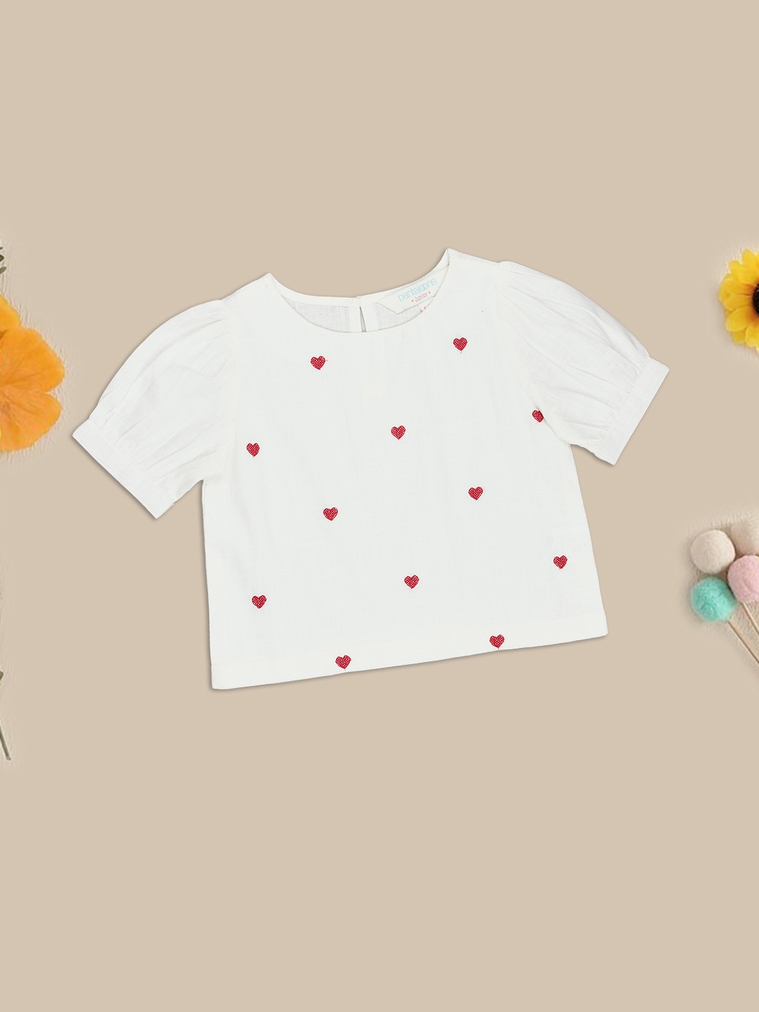 White Heart Embroidered Puff Sleeve Top