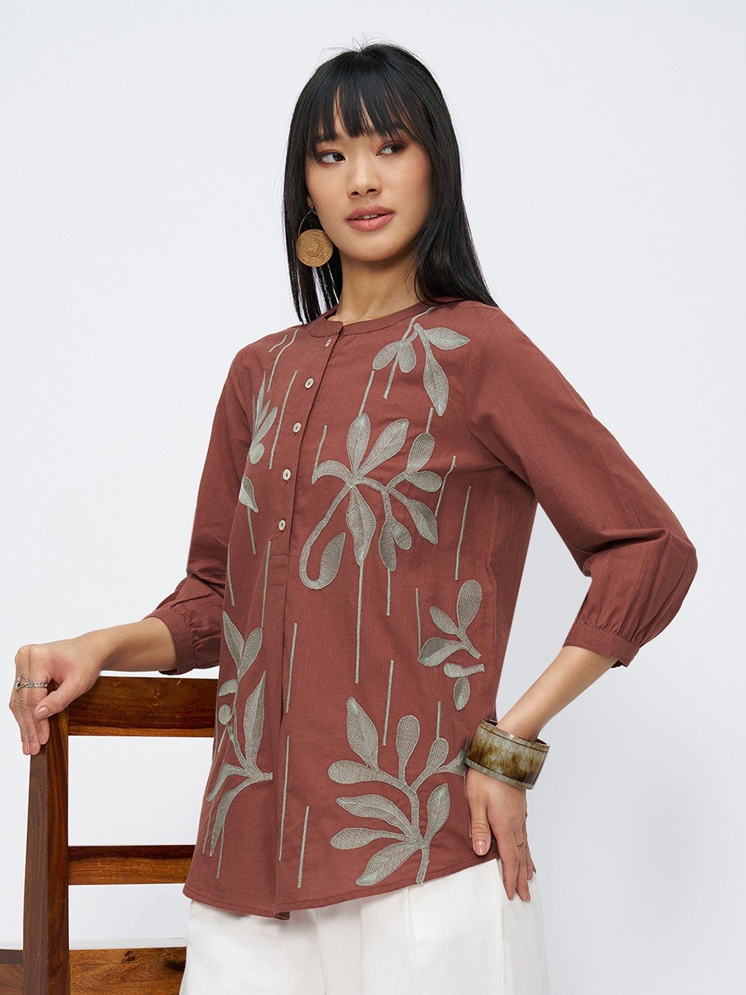 Rust Embroidered Mandarin Collar Tunic