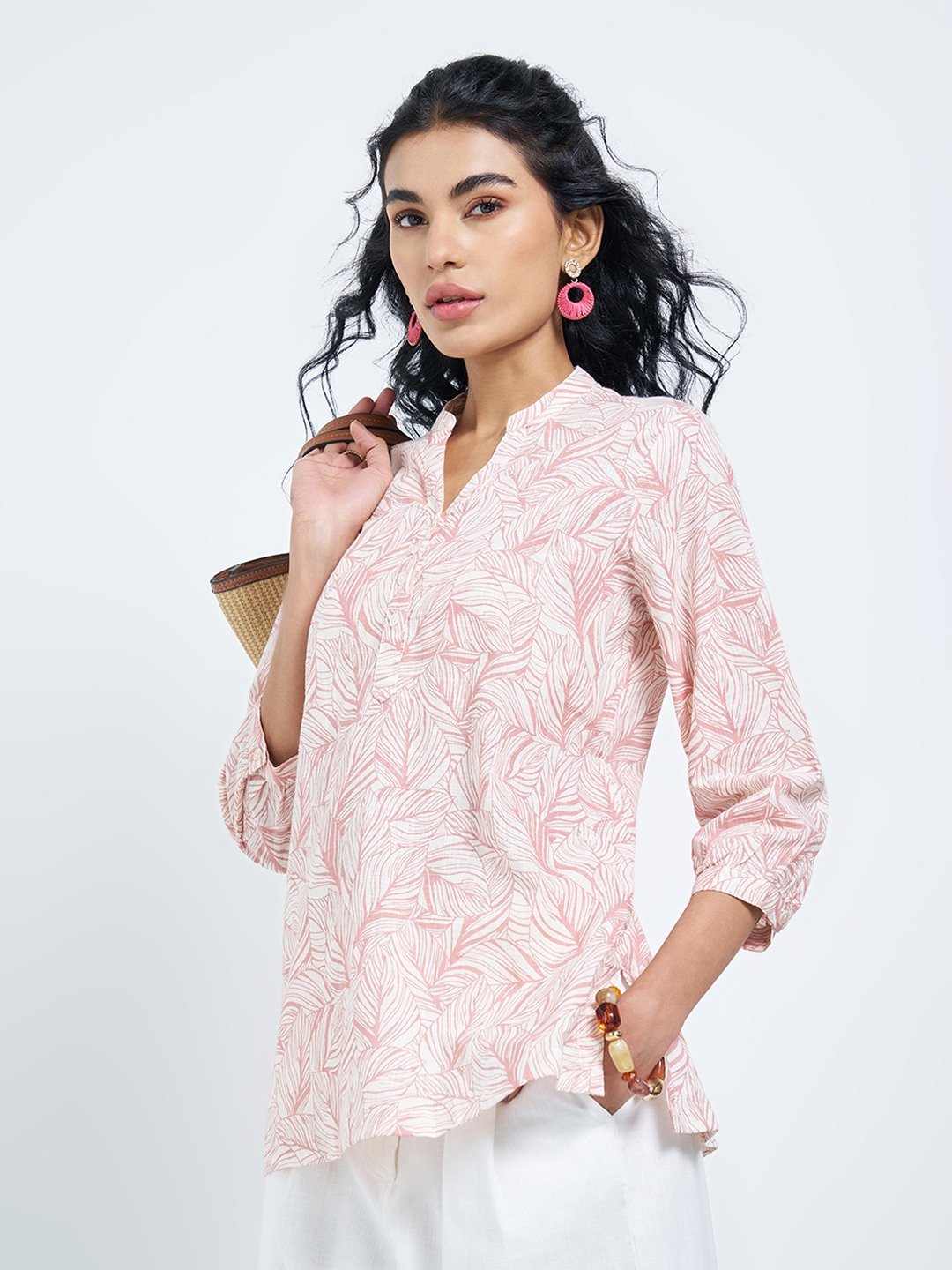 Light Pink Leaf Print Notched-Neck Tunic