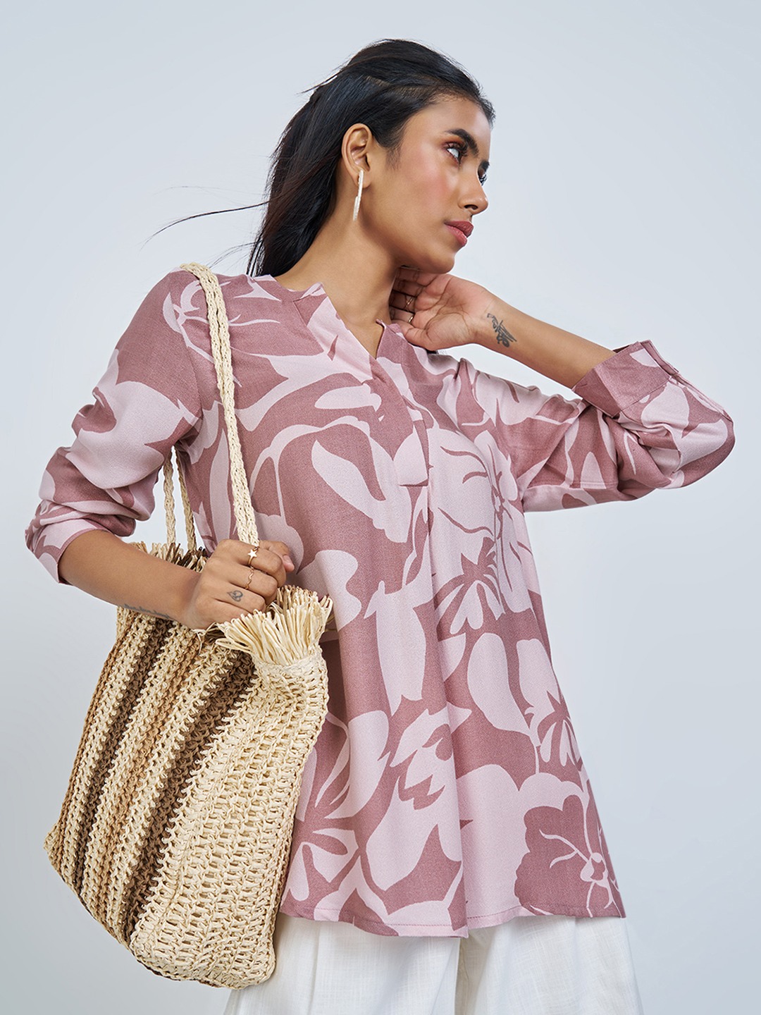 Pink Floral Print Pleat Detail Relaxed Tunic