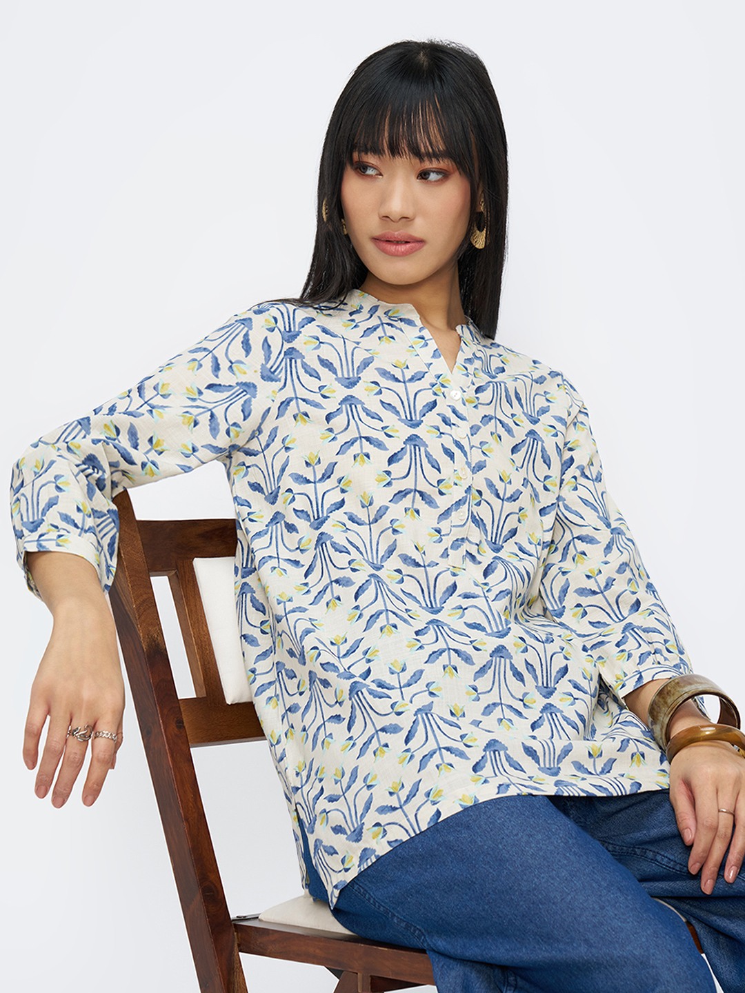 Blue Geometric Floral Print Mandarin Collar Tunic