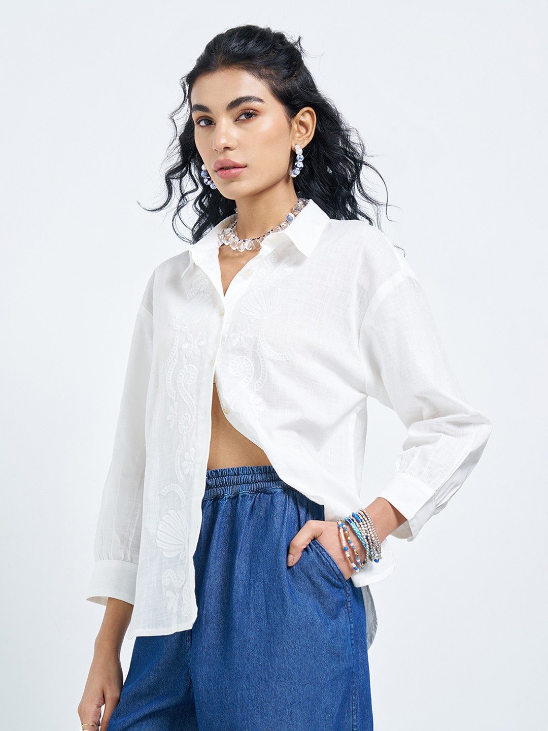 White Embroidered Collared Tunic