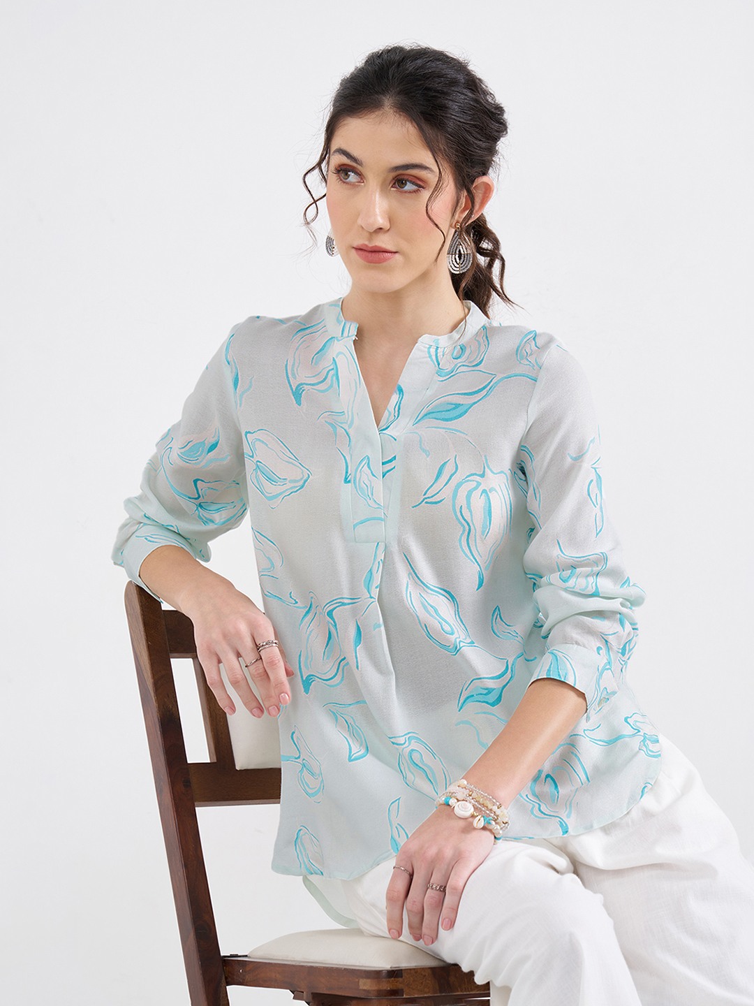 Light Blue Leaf Print Tunic