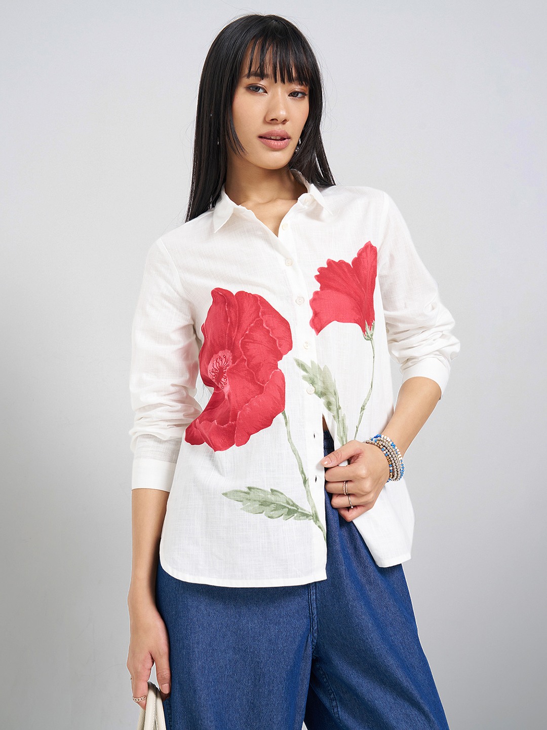 White Floral Print Collared Tunic