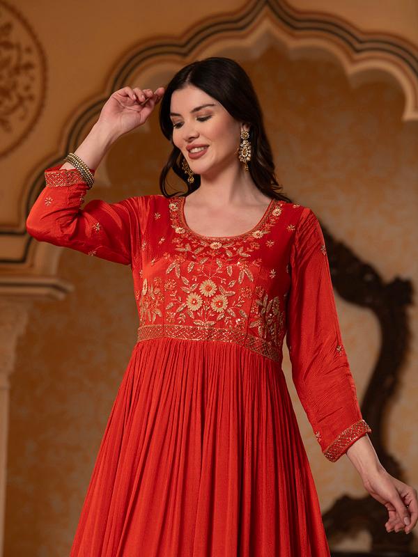 ALBION FANCY LADIES ETHNIC ORANGE KURTI SET