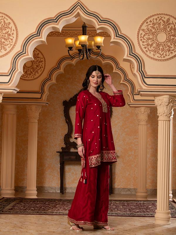 ALBION FANCY LADIES ETHNIC RED KURTI SET