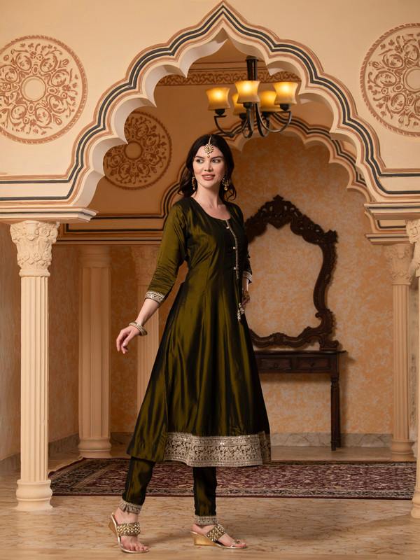 ALBION FANCY LADIES ETHNIC OLIVE KURTI SET