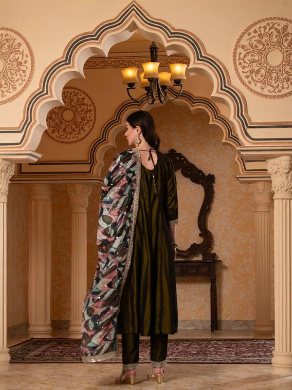 ALBION FANCY LADIES ETHNIC OLIVE KURTI SET