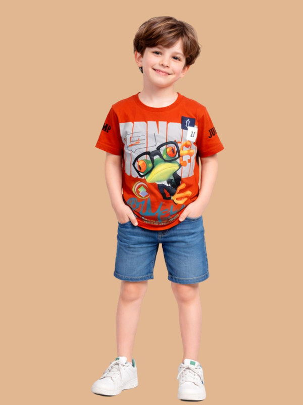 Albion-boys-rust-orange-graphic-printed-t-shirt-frog-cartoon-casual-cotton-tee-for-kids
