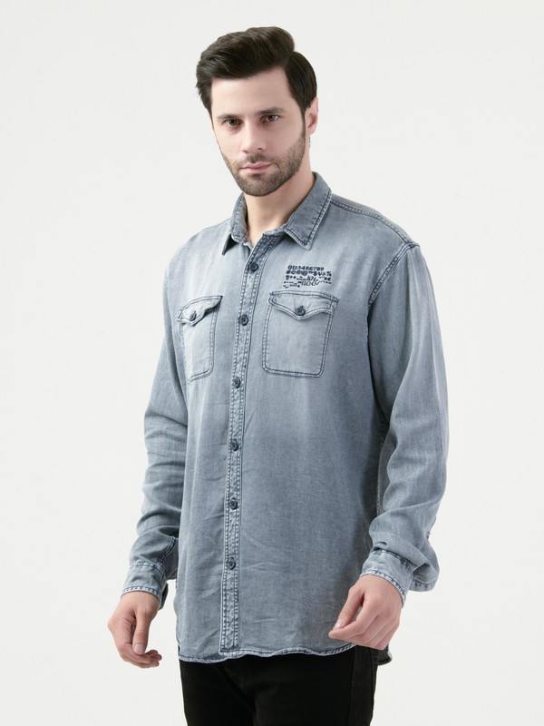 Albion Mens Grey Denim Shirt Full Sleeve