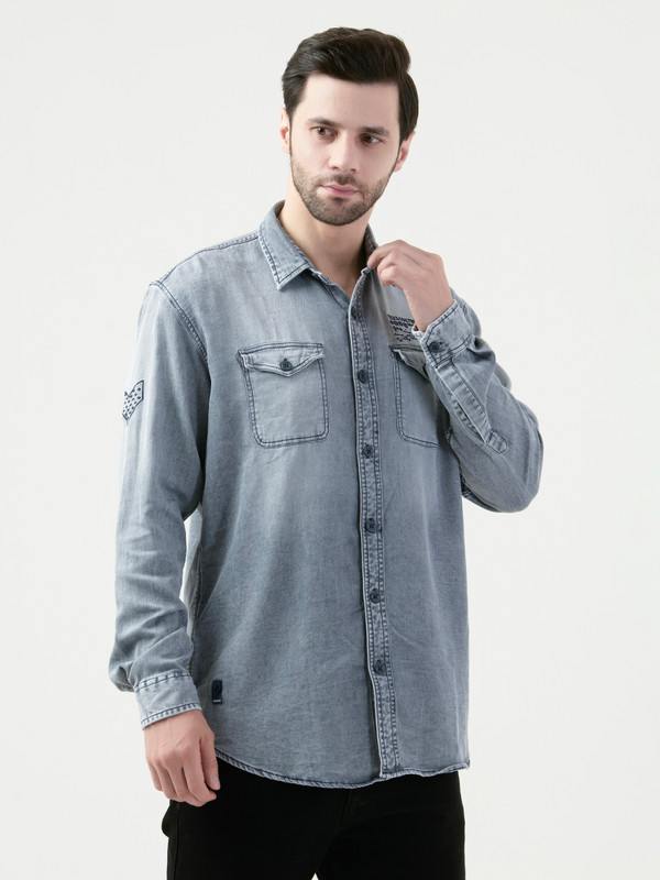 Albion Mens Grey Denim Shirt Full Sleeve